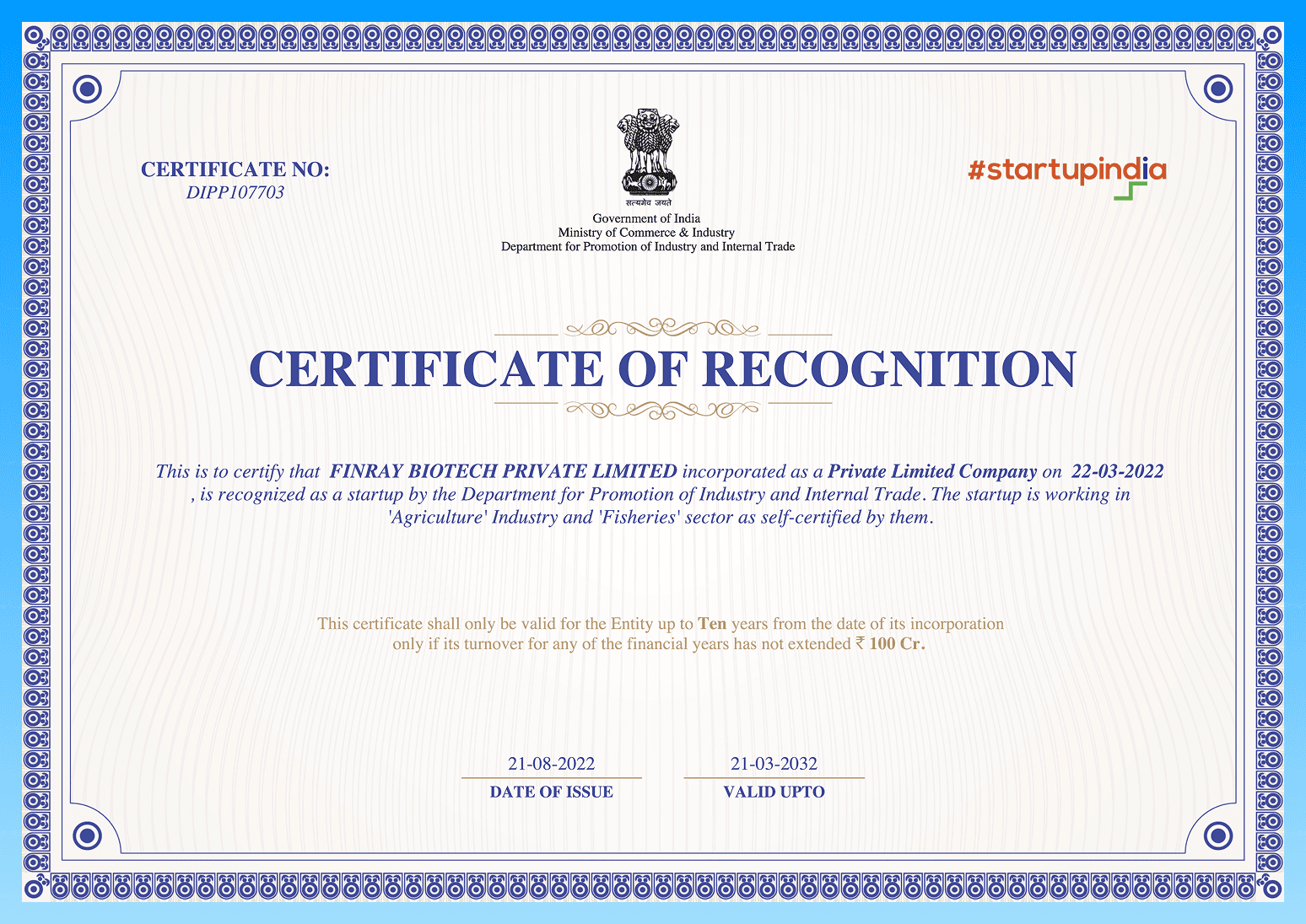 Startup India Certificate of Recognition
